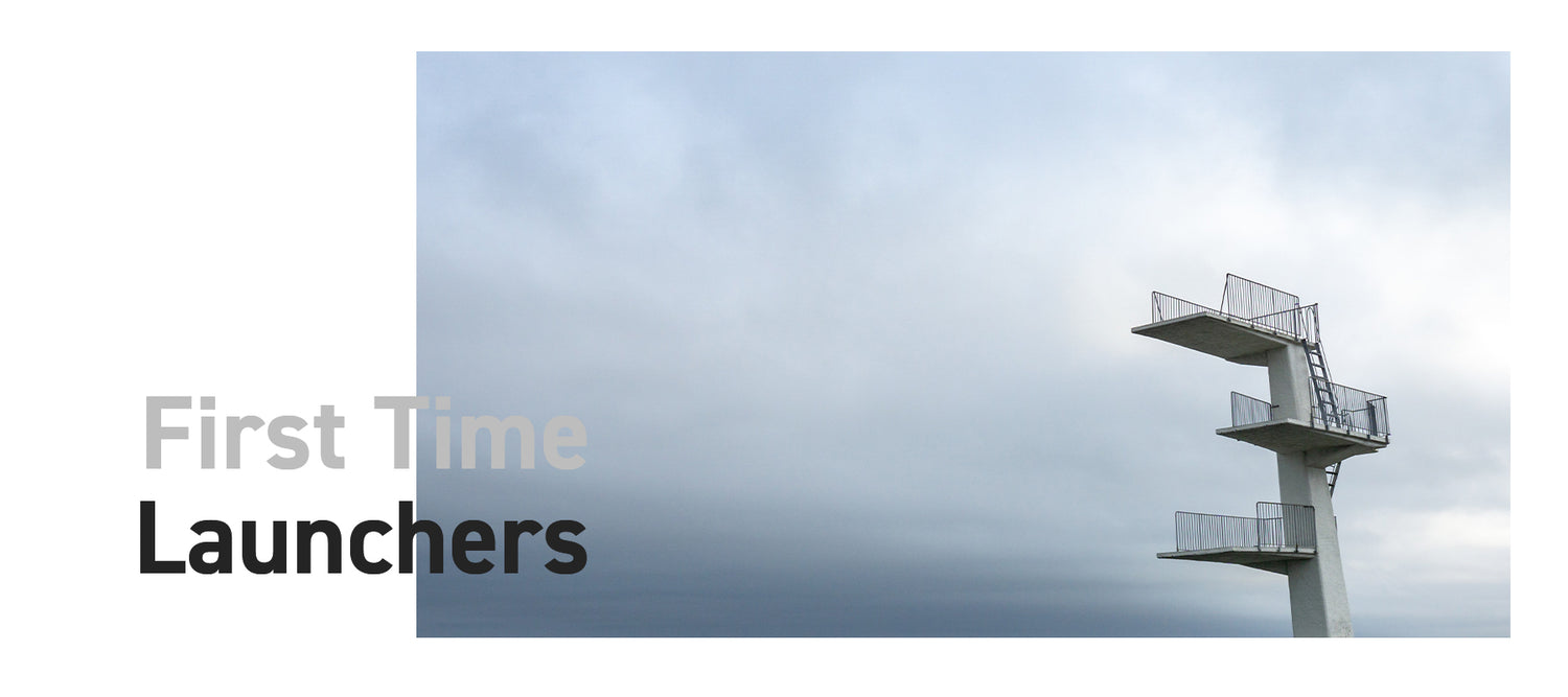 Picture of jumping tower in front of grey clouds and text saying First time launchers